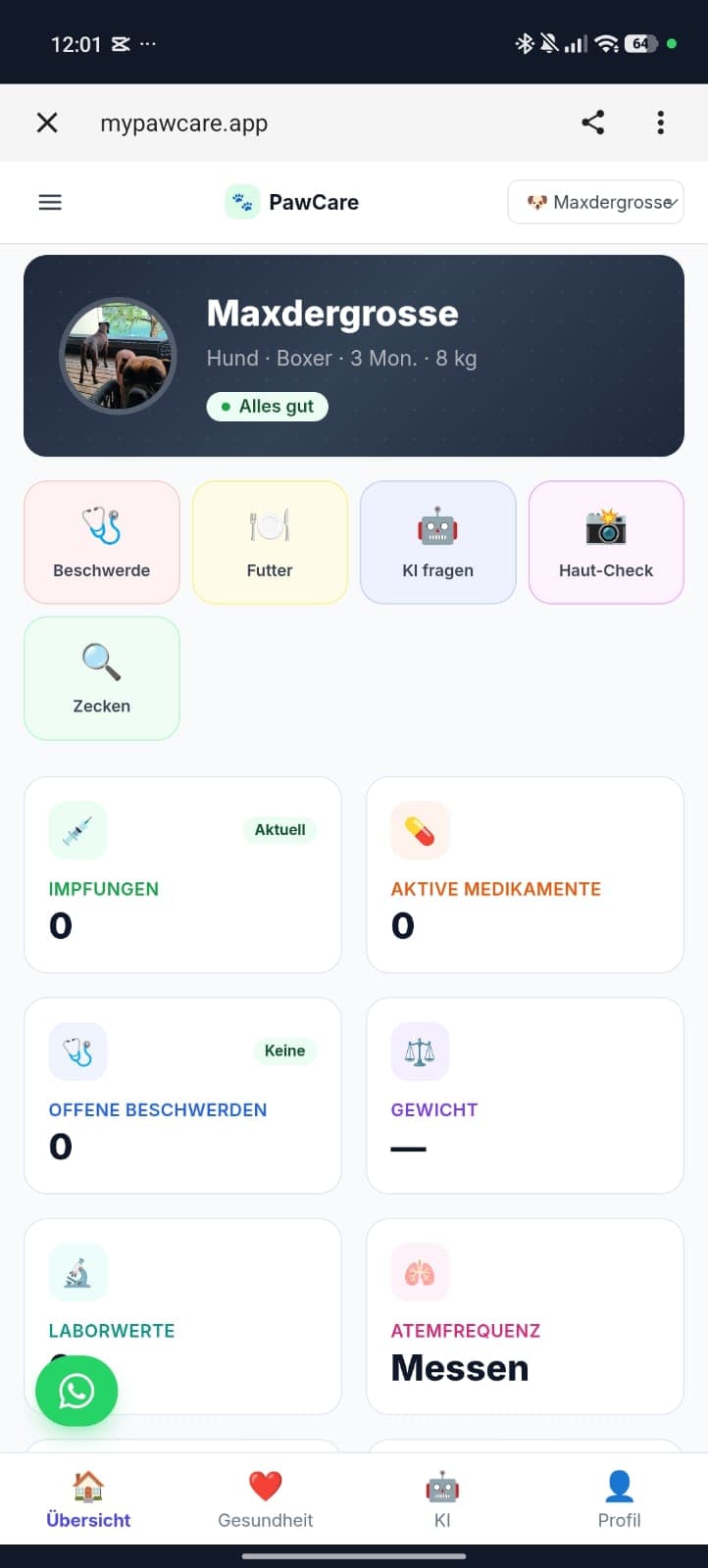 PawCare App-Dashboard – Gesundheitsakte mit Impfungen, Gewicht und Beschwerden auf einen Blick.